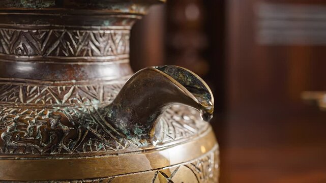 Close up of an ancient bronze jug with intricate etched patterns and a dripping spout in soft warm lighting showcasing aged patina and detailed craftsmanship