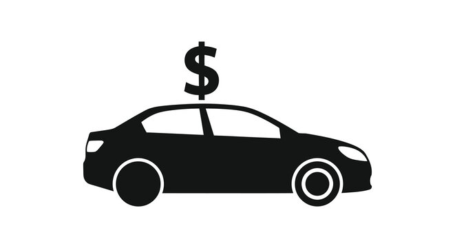 A stark black silhouette depicts a modern sedan with a dollar sign floating above it high quality professional