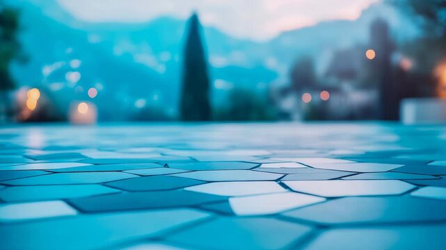 Tranquil twilight scene of abstracted geometric patterns on shimmering surface reflecting serene, blurred mountainous landscape with soft ambient lights.