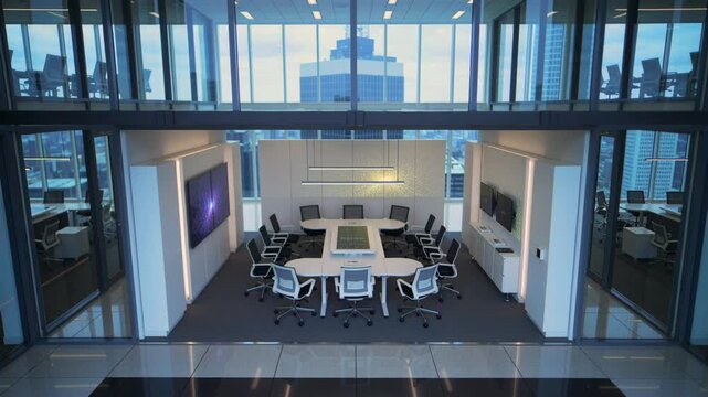 Modern city office, Contemporary workspace with skyline view, Stylish conference area overlooking urban skyline scenery, Elegant business setting featuring panoramic cityscape and advanced equipment
