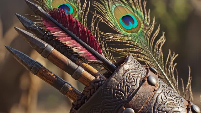 Close up of Antique Quiver Filled with Arrows Decorated with Peacock Feathers Outdoors in Natural Light