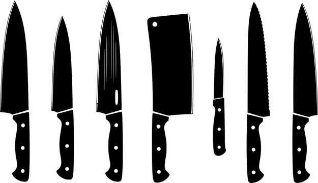 Set of various black kitchen knives, cleaver and spatula vector illustration. Different types of knife silhouettes.