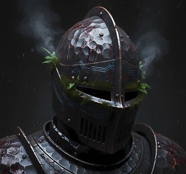 Weathered Medieval Iron Knight Helmet with Moss and Blood Splatters