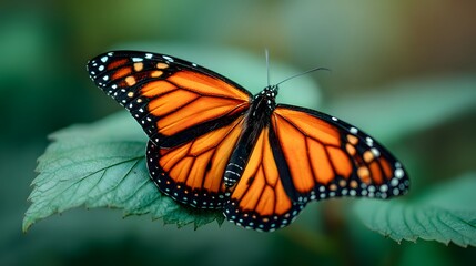 Obraz premium Monarch Butterfly Resting on a Green Leaf in Natural Light.