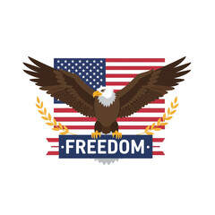American Eagle Spreading Wings Over US Flag with Freedom Banner