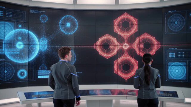 Network design review, Team analyzes layout and colors, Studio displays interactive network visualization tools, Group examines visual arrangement and color schemes of network layout carefully