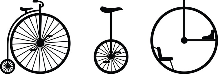 Vintage penny farthing bicycle and unicycle icons antique cycling transport silhouettes vector illustration collection design © Mohammad
