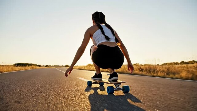 Female skateboarder longboarding on empty country road at sunset, backlit golden hour action sports lifestyle with lens flare