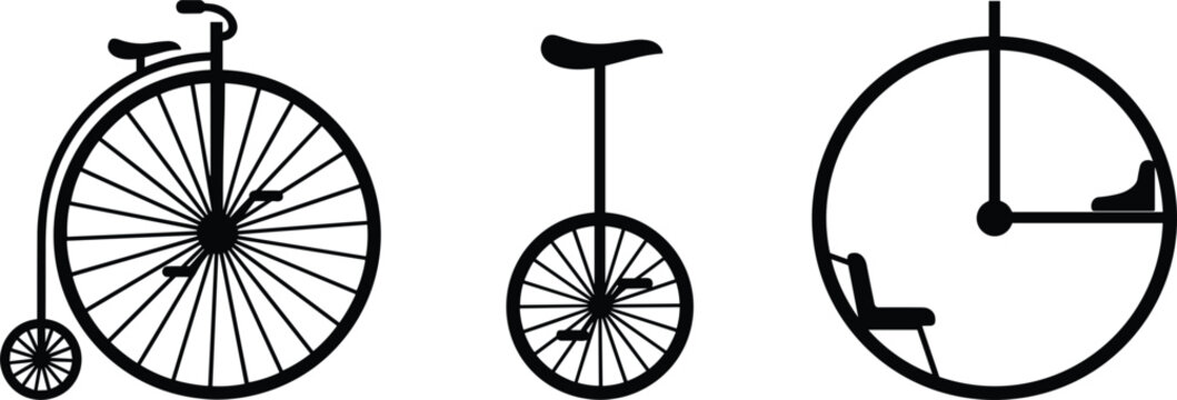 Vintage penny farthing bicycle and unicycle icons antique cycling transport silhouettes vector illustration collection design