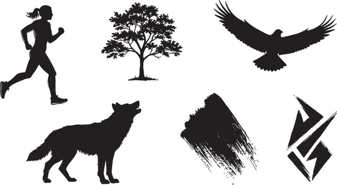 silhouette of woman running with dog and bird near tree