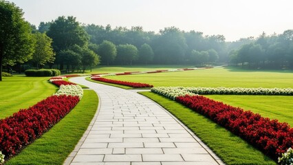 Obraz premium A serene garden pathway with vibrant flowers and lush greenery