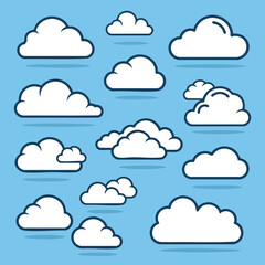 Collection of various cartoon cloud shapes on a blue background illustration viewed from directly above