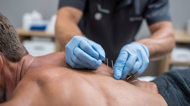 Martial artist performing dry needling therapy muscle tension physiotherapist applying fine needles sterile room