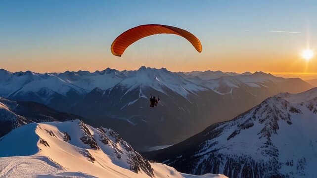 Paragliding Over Snowy Mountains at Sunset Extreme Adventure Flight in Majestic Winter Landscape.