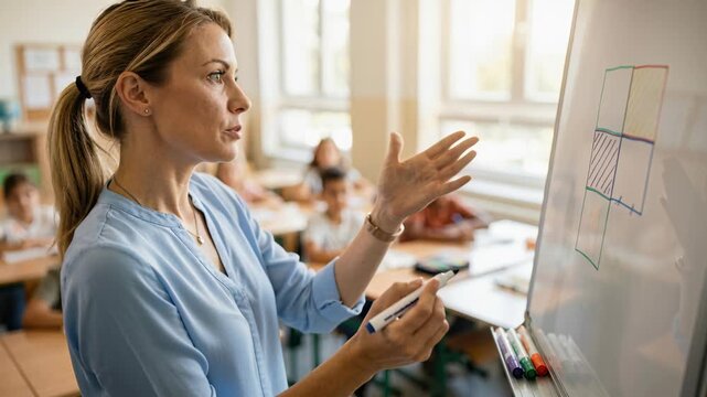 A teacher explains math concepts on the board while students listen and observe in a bright classroom
