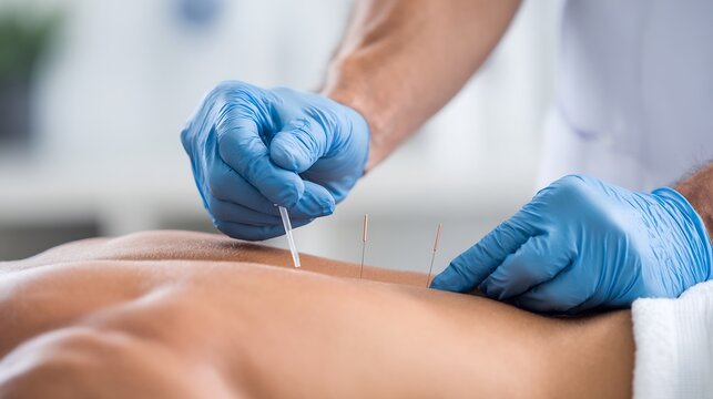 Martial artist performing dry needling therapy muscle tension physiotherapist applying fine needles sterile room
