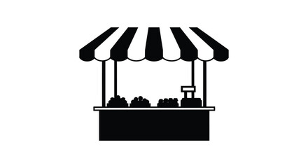 A minimalist black and white illustration depicts a market stall with a striped awning and displayed goods