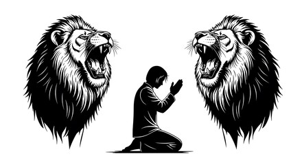 Black and white of a person praying between two roaring lions