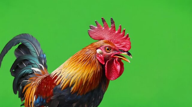 Vibrant rooster standing proudly against green background