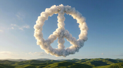 Fototapeta premium Clouds forming peace symbol over green hills and blue sky 