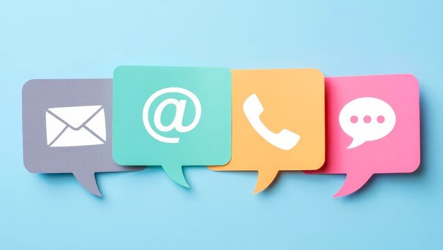 Icon of communication type on colourful speech bubble over a blue background.