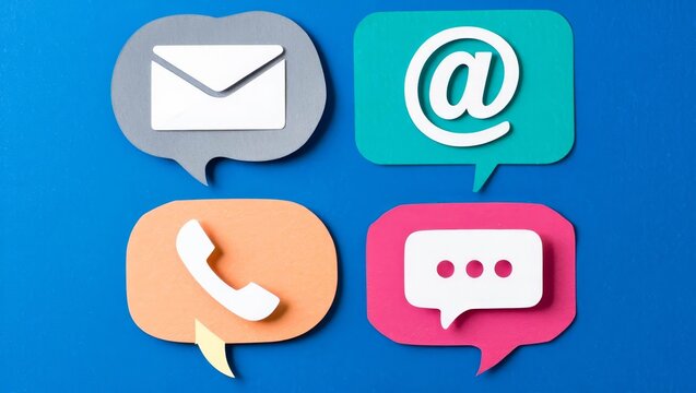 Icon of communication type on colourful speech bubble over a blue background.