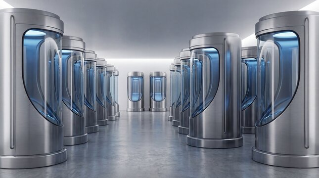 Empty cryo pods in a futuristic room. Future storage or scientific laboratory concept for space travel and advanced research.