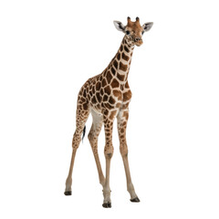 Fototapeta premium a newborn giraffe calf standing tentatively on long slender legs, showing its damp, velvety, high-contrast spotted coat and vulnerable wide eyes, isolated in a high-key studio setting. concept of