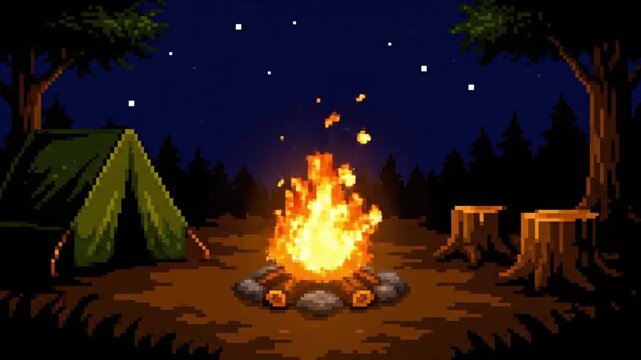 Pixel‑art nighttime campsite with campfire, tent, and forest