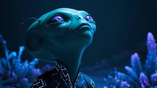 Close-up of a blue alien with large purple eyes in a mystical, glowing environment.