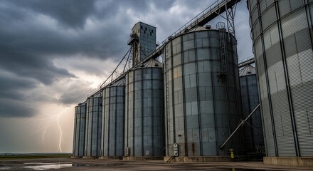 A row of tall metal industrial grain silos standing against a dramatic stormy sky with a visible lightning strike in the distance