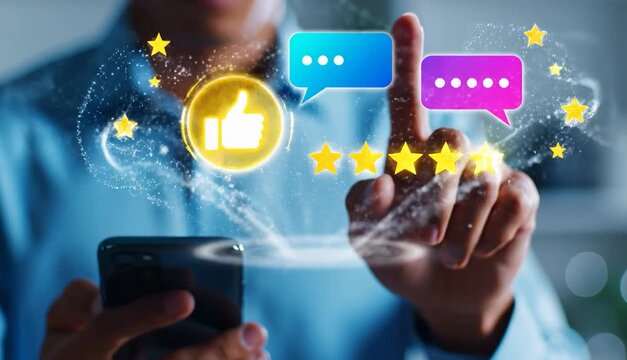 A person uses a smartphone to give a top rating and a positive review in a virtual interface. Bright icons of likes, stars, and chats symbolize high customer satisfaction and quality service