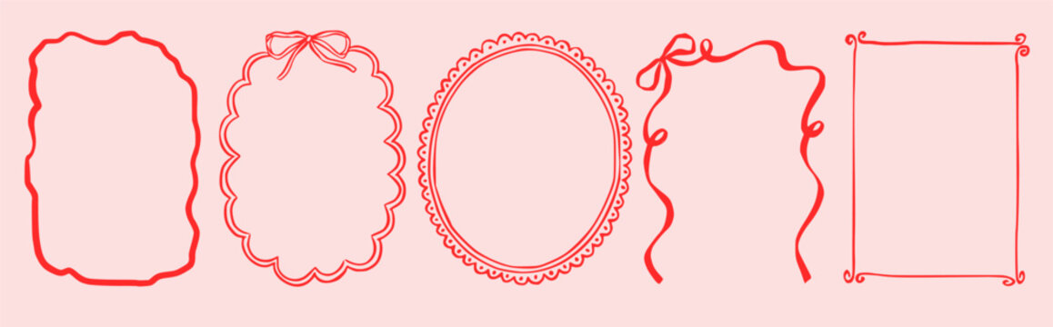 Hand-drawn vintage frames with whimsical bows and ribbons. Cute doodle borders perfect for wedding invitations, Valentine's Day cards, and romantic French-style designs