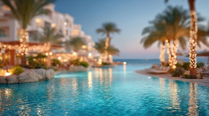Fototapeta premium Blurred background of hotel restaurant and lounge area in resort.