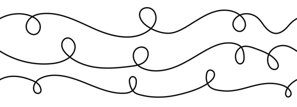 Dynamic abstract doodle featuring continuous wavy threads and organic loops. Black tangled cables form seamless patterns with flowing movement on white backdrop for modern design