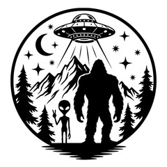 Bigfoot And Alien Under UFO Illustration, Sci Fi Fantasy Forest Scene, Mythical Creatures And Extraterrestrial Artwork © VisuaLabArt