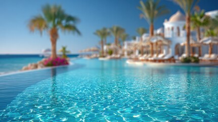 Fototapeta premium Soft blurred background of seaside all inclusive resort environment.