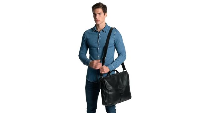 Person holding black leather shoulder bag against white background