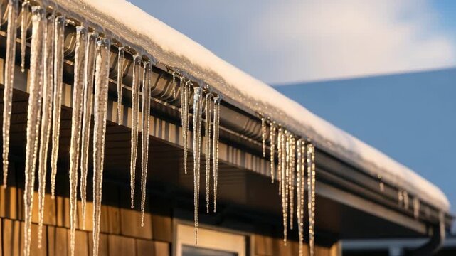 Smooth camera pan along rooftop edge showcasing glistening icicles hanging from snow-covered gutter. Gliding past long glistening icicles reflecting sunlight on cold winter day.