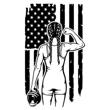 Female Wrestler Silhouette With American Flag Illustration, Strong Woman Sports And Patriotic Design