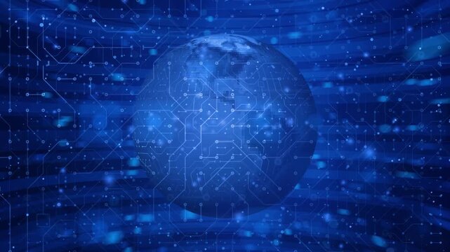 Digital world planet earth with glowing circuit board lines zooming into blue tech background