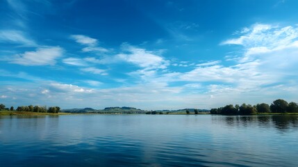 Vast Blue Sky Reflected in Calm Lake Waters Under Wispy Clouds.