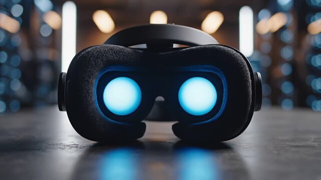 digital transformation automation ecosystem concept. Virtual reality headset on a table with blurred tech background and lighting.