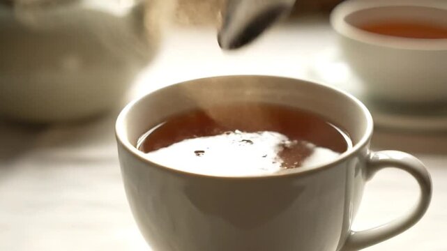 Sugar being added to hot tea in white cup with teapot in background
