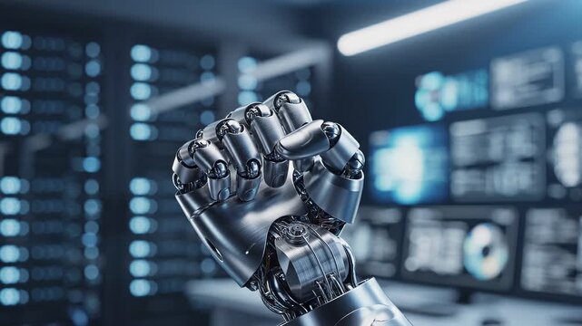 digital transformation automation ecosystem concept. Robotic metallic hand raised with futuristic digital data screens in the background