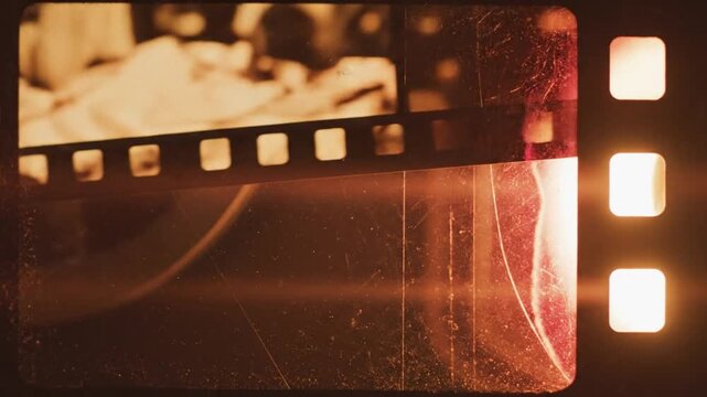 Vintage Super 8 film strip flickering as it moves horizontally across the top of the frame, visible sprocket gear holes, authentic analog texture, warm light leaks, subtle lens flare, classic