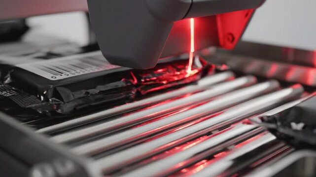 digital transformation automation ecosystem concept. Laser scanning a barcode on a packaged product in an industrial setting.