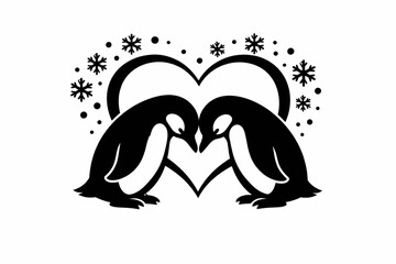 Fototapeta premium Two Cute Penguins in Love Bowing — Romantic Winter Heart Silhouette Vector Illustration