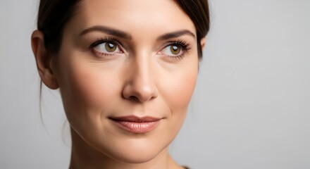 Fototapeta premium Serene Close-Up Portrait of Young Woman with Fair Skin, Blue Eyes, and Calm Expression for Women’s Day Celebration