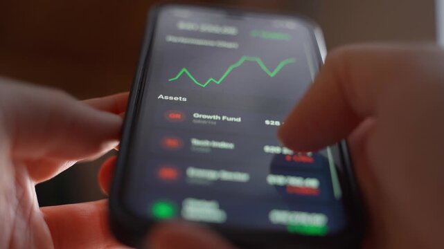 A person checks the growth of his assets through a mobile application. Chart of growth of stocks and crypto market